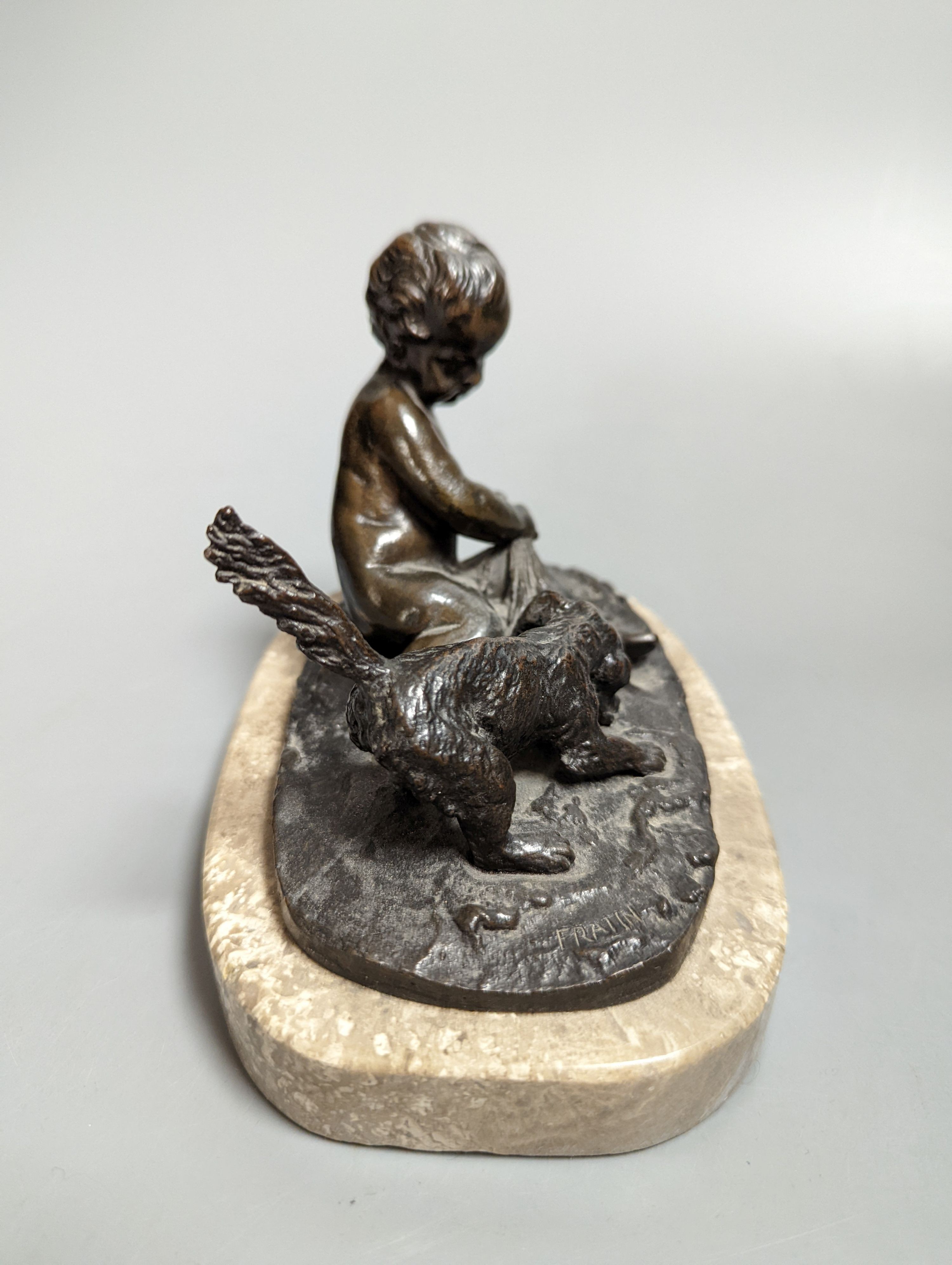 De Braux - bronze group on marble plinth, young boy with playful dog, 15 cms at base wide